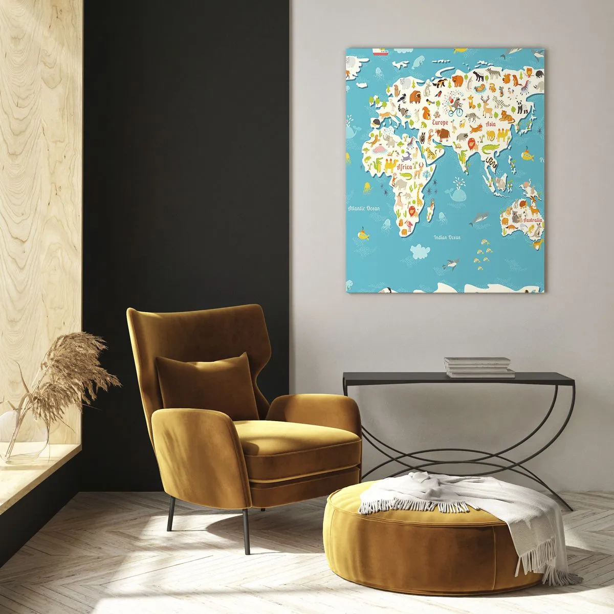 Impression sur verre - Image sur verre - Carte du monde colorée avec des motifs d'animaux et d'océan - 50x70cm - Nous aimons le monde entier - Décoration murale moderne pour le salon et la chambre ARTTOR