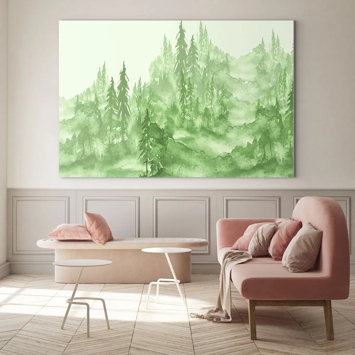 Impression sur verre - Image sur verre - Forêt verte dans un style aquarelle - 100x70cm - Flou de brouillard vert - Décoration murale moderne pour le salon et la chambre ARTTOR