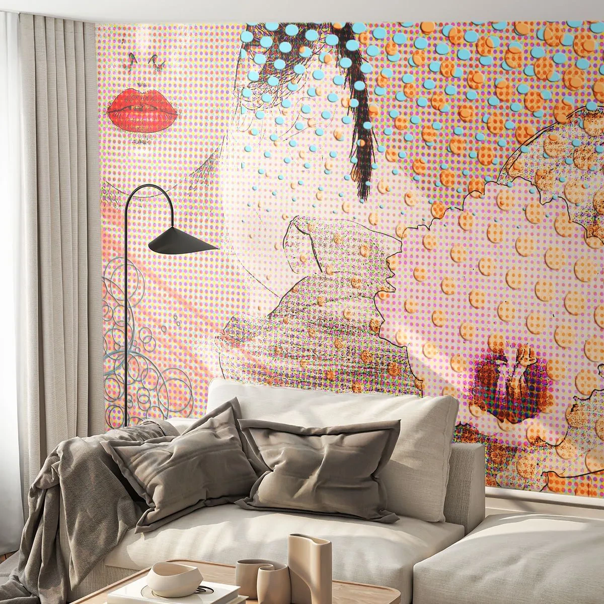 Papier Peint Photo Premium Sand - Portrait de femme pop art avec motif d'orchidée - 100x70cm - Héroïne de bande dessinée - Décoration murale moderne pour le salon et la chambre ARTTOR