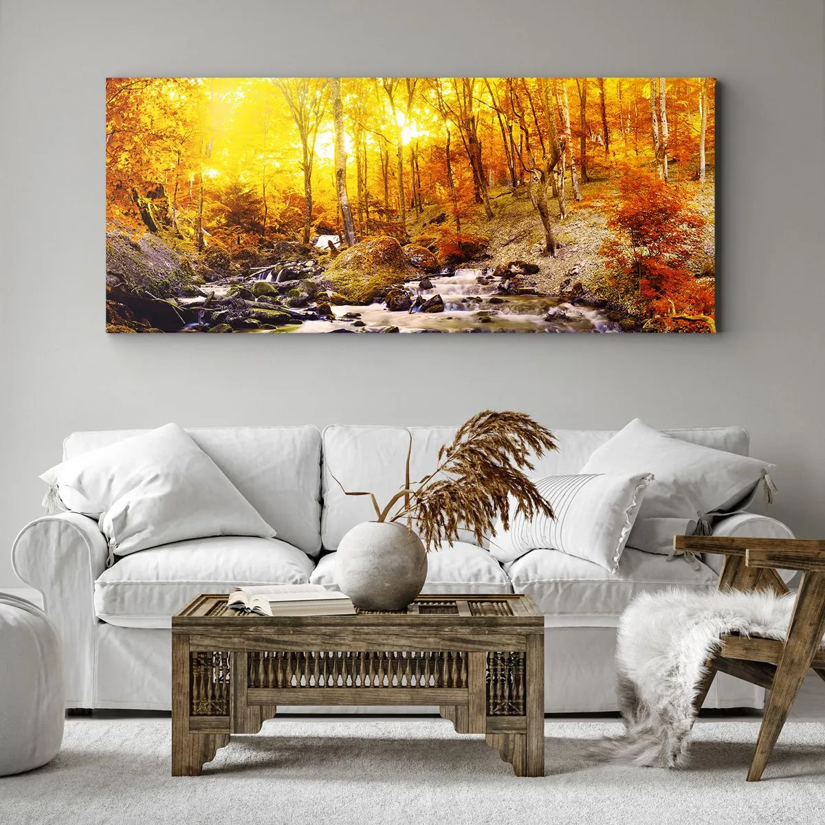 Impression sur toile - Image sur toile - Forêt d'automne avec un ruisseau parmi les feuilles dorées - 160x50cm - Pierres serties d'or et de platine - Décoration murale moderne pour le salon et la chambre ARTTOR