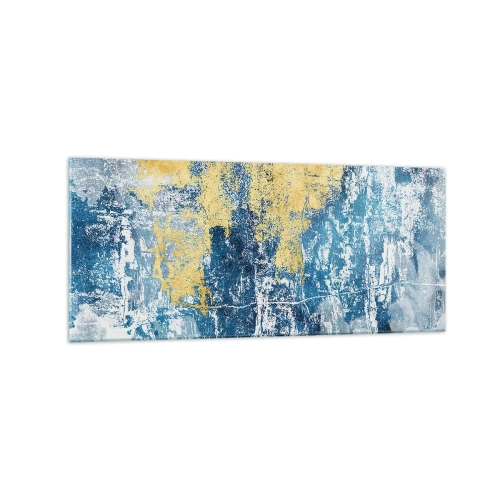 Impression sur verre - Image sur verre - Abstraction dans les tons de bleu et de jaune - 120x50cm - Abstraction du temps - Décoration murale moderne pour le salon et la chambre ARTTOR