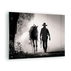 Impression sur verre - Image sur verre - Silhouette d'un cow-boy conduisant un cheval à travers un paysage brumeux - 70x50cm - Matinée texane - Décoration murale moderne pour le salon et la chambre ARTTOR