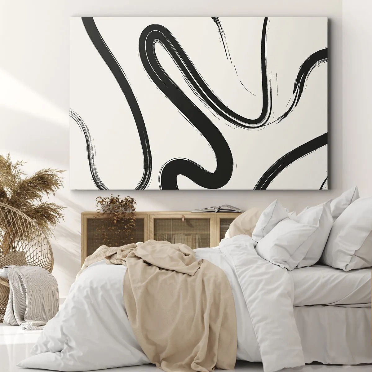 Impression sur toile - Image sur toile - Lignes courbes noires et blanches sur fond clair - 70x50cm - Fantaisie en noir et blanc - Décoration murale moderne pour le salon et la chambre ARTTOR