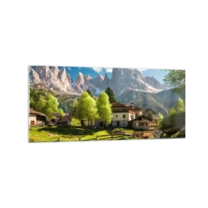 Impression sur verre - Image sur verre - Un village de montagne avec des maisons et une vue sur les Alpes - 120x50cm - Idylle alpine - Décoration murale moderne pour le salon et la chambre ARTTOR