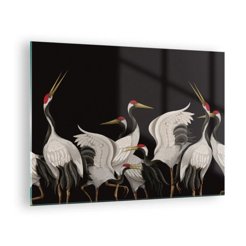Impression sur verre - Image sur verre - Grues blanches à têtes rouges sur fond noir - 70x50cm - Histoire d'oiseaux - Décoration murale moderne pour le salon et la chambre ARTTOR