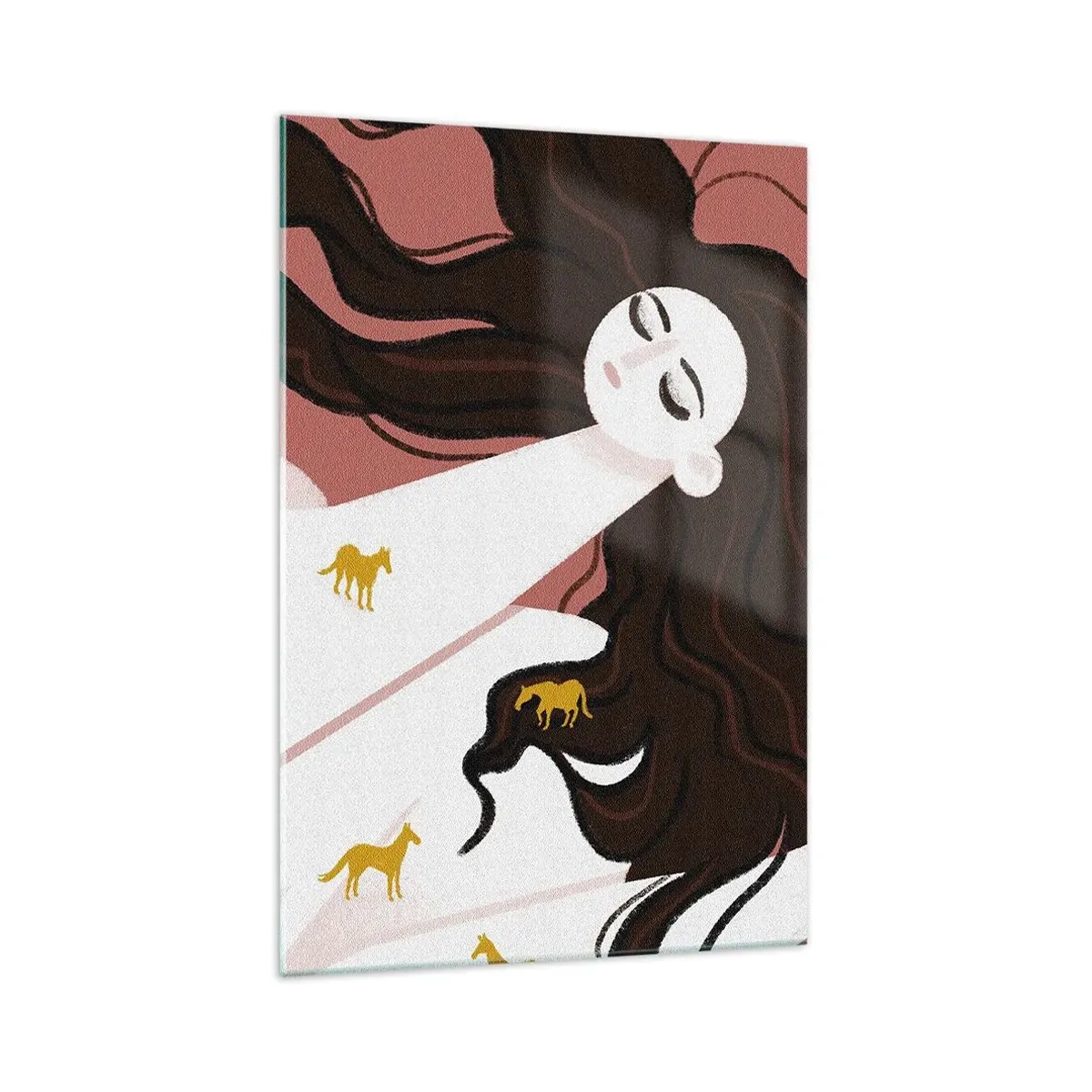 Impression sur verre - Image sur verre - Une silhouette aux yeux fermés entourée de chevaux dorés - 70x100cm - Rêve d'un cheval d'or - Décoration murale moderne pour le salon et la chambre ARTTOR