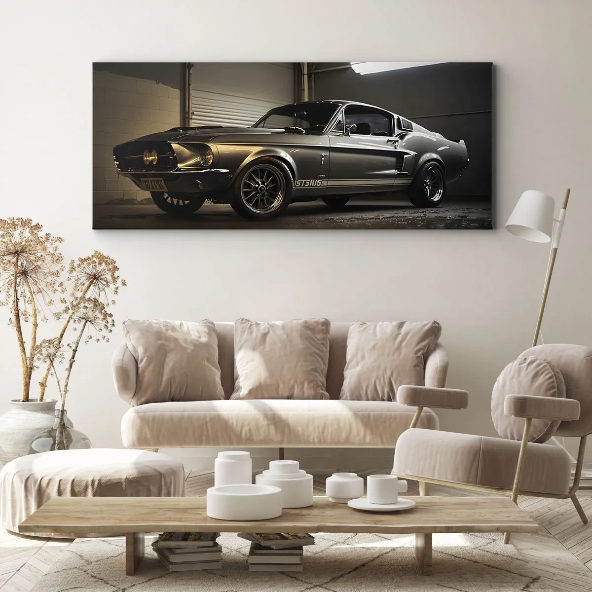 Impression sur toile - Image sur toile - Voiture classique dans un garage rétro - 160x50cm - Retour dans le passé - Décoration murale moderne pour le salon et la chambre ARTTOR