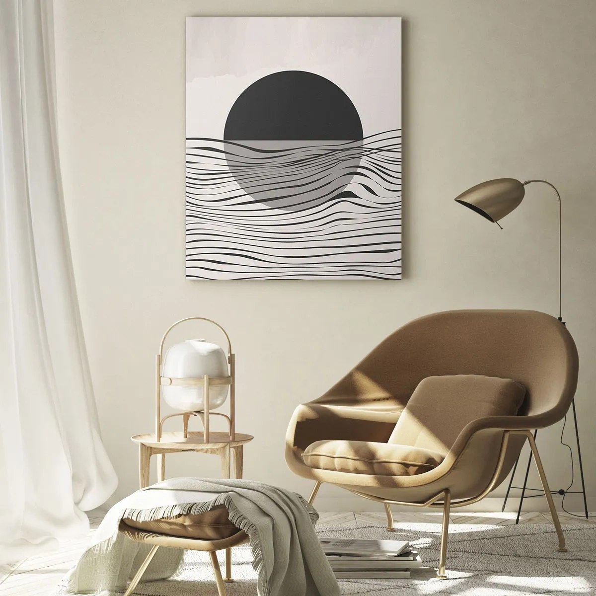 Impression sur verre - Image sur verre - Des vagues noires et un cercle sur fond beige - 50x70cm - Demi composition - Décoration murale moderne pour le salon et la chambre ARTTOR
