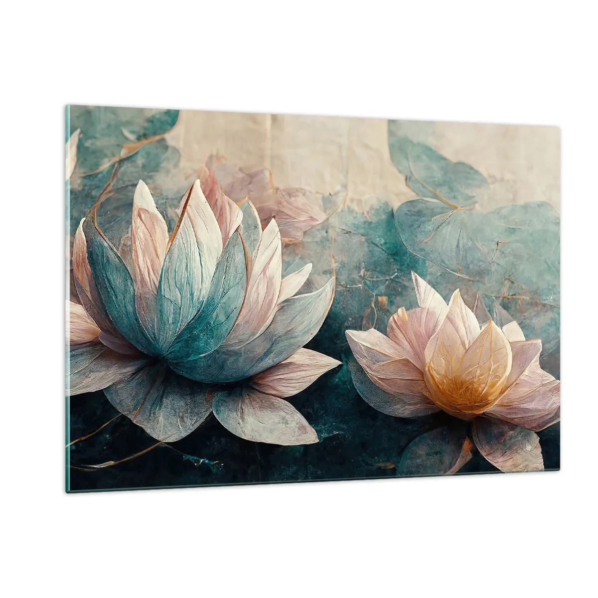 Impression sur verre - Image sur verre - Représentation artistique de fleurs de lotus sur fond de feuilles d'eau. - 120x80cm - Les étoiles du lac - Décoration murale moderne pour le salon et la chambre ARTTOR