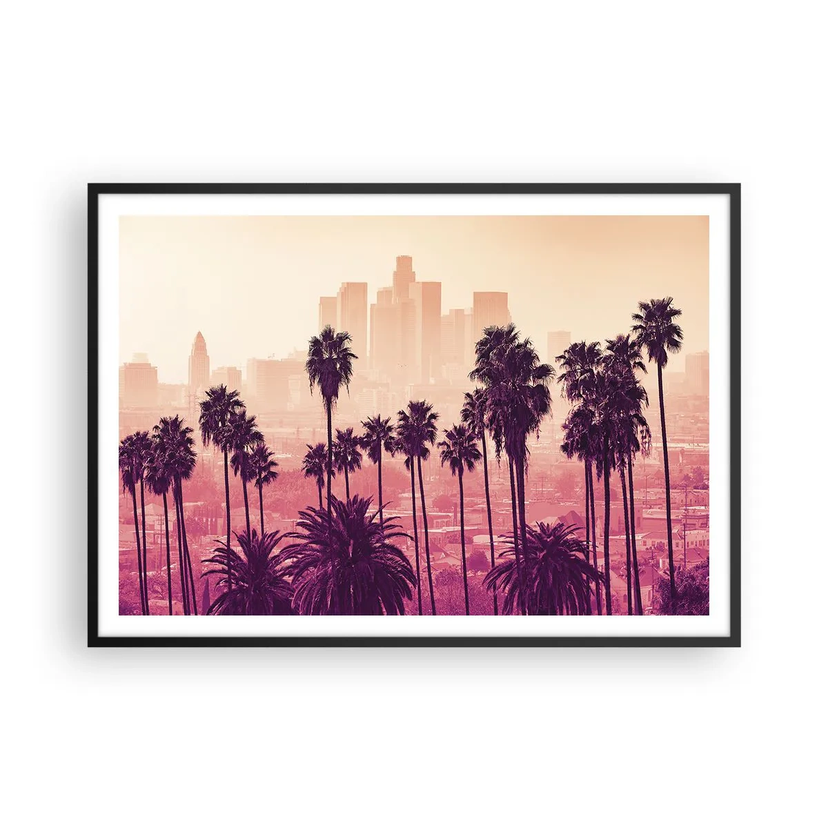 Affiche dans un cadre noir - Poster - Palmiers sur fond de paysage urbain aux couleurs chaudes - 100x70cm - Paysage californien - Décoration murale moderne pour le salon et la chambre ARTTOR