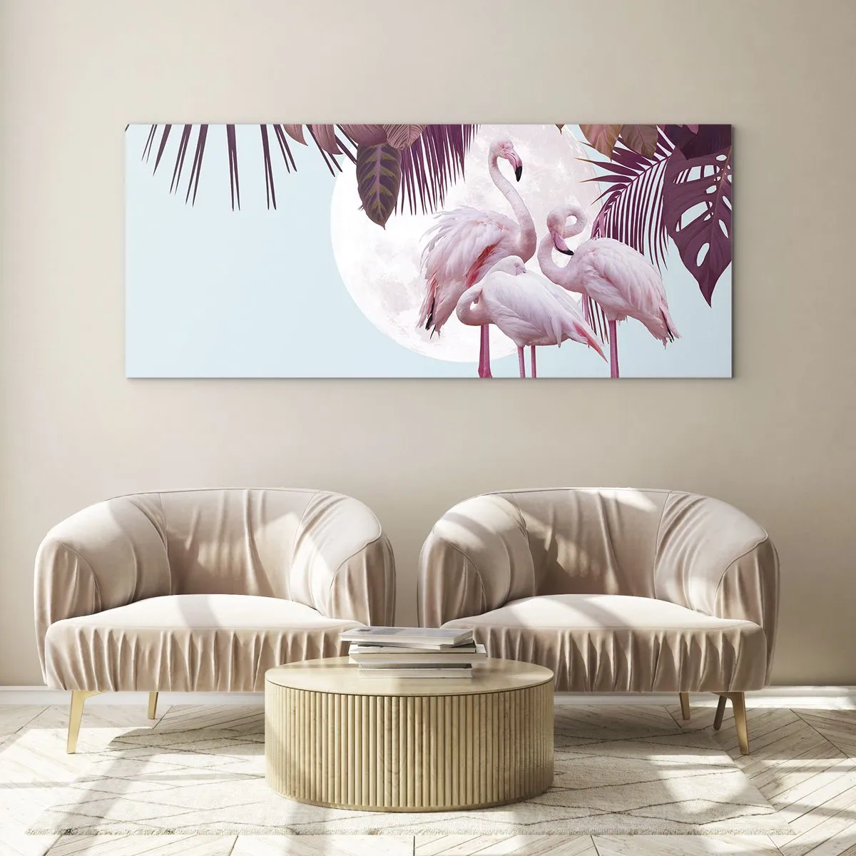 Impression sur verre - Image sur verre - Flamants roses sur fond de lune et de feuilles tropicales - 160x50cm - Trois oiseaux gracieux - Décoration murale moderne pour le salon et la chambre ARTTOR
