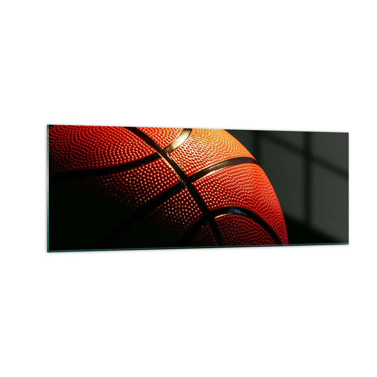 Impression sur verre - Image sur verre - Gros plan d'un ballon de basket sur fond noir - 140x50cm - Belle comme une planète - Décoration murale moderne pour le salon et la chambre ARTTOR