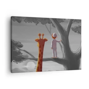 Impression sur toile - Image sur toile - Un enfant et une girafe sur une branche d'arbre dans un paysage de conte de fées - 70x50cm - Cela arrive vraiment - Décoration murale moderne pour le salon et la chambre ARTTOR