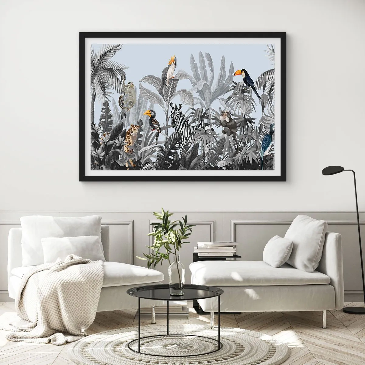 Affiche dans un cadre noir - Poster - Jungle tropicale avec des animaux exotiques sur fond gris - 100x70cm - Conte de fées africain - Décoration murale moderne pour le salon et la chambre ARTTOR