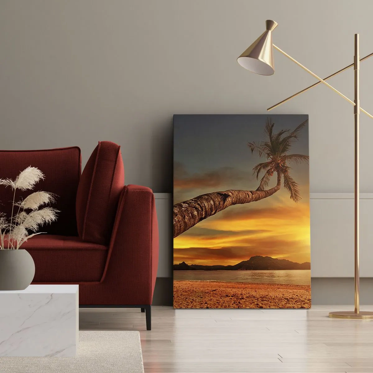 Impression sur toile - Image sur toile - Palmier sur la plage au coucher du soleil avec vue sur la mer - 70x100cm - Vacances exotiques, aventure caribéenne - Décoration murale moderne pour le salon et la chambre ARTTOR