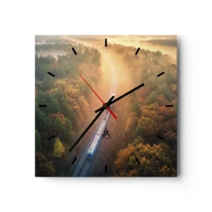Horloge murale - Pendule murale - Un train dans une forêt d'automne à l'aube - 30x30cm - Voyage printannier - Décoration murale moderne pour le salon et la chambre ARTTOR