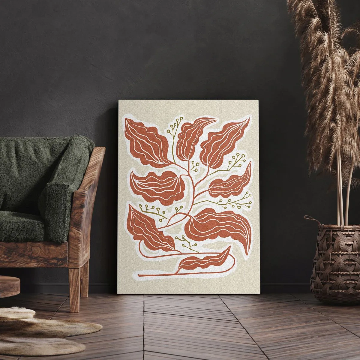 Impression sur toile - Image sur toile - Un motif de feuille minimaliste dans des tons orange et vert. - 50x70cm - Folk et coloré - Décoration murale moderne pour le salon et la chambre ARTTOR