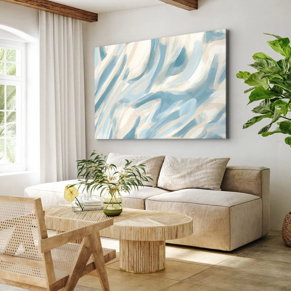 Impression sur toile - Image sur toile - Des stries bleues abstraites sur un fond clair - 70x50cm - Brise printanière - Décoration murale moderne pour le salon et la chambre ARTTOR
