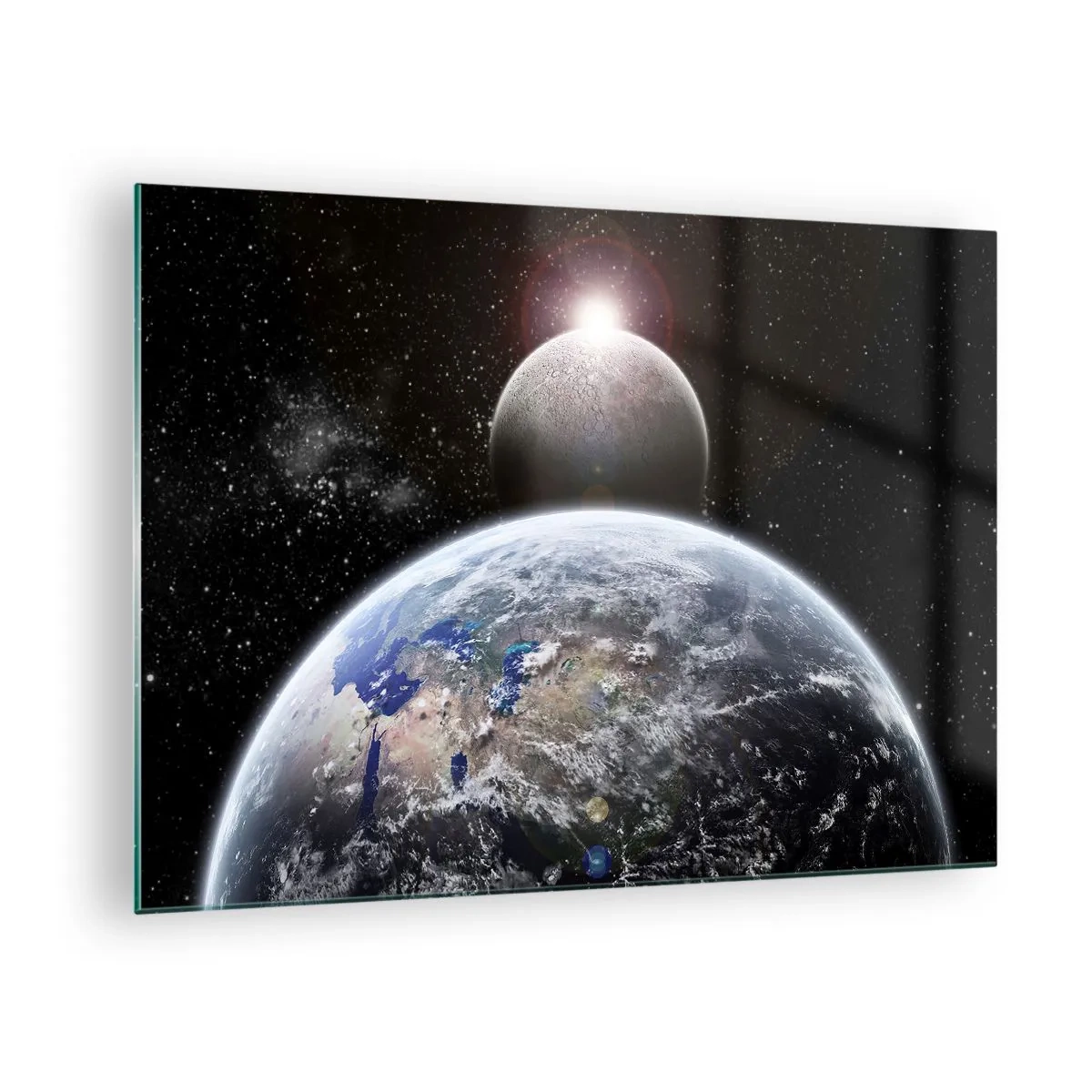 Impression sur verre - Image sur verre - La Terre et la Lune dans l'espace - 70x50cm - Paysage cosmique - lever de soleil - Décoration murale moderne pour le salon et la chambre ARTTOR
