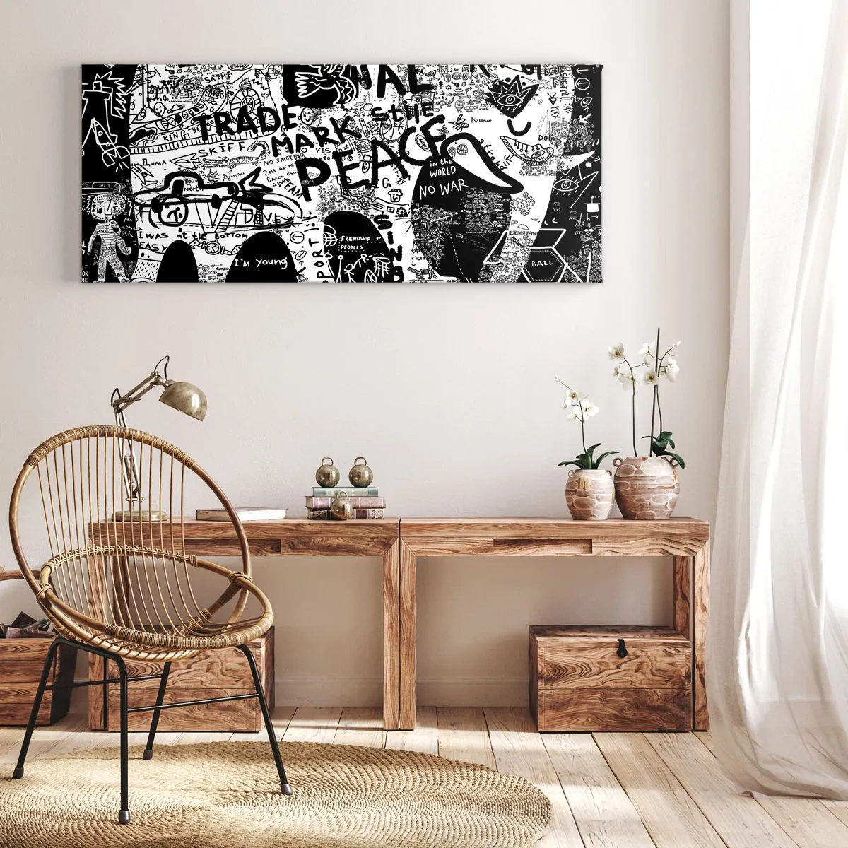 Impression sur toile - Image sur toile - Graphiques en noir et blanc avec des motifs graffitis - 120x50cm - La richesse des rues - Décoration murale moderne pour le salon et la chambre ARTTOR