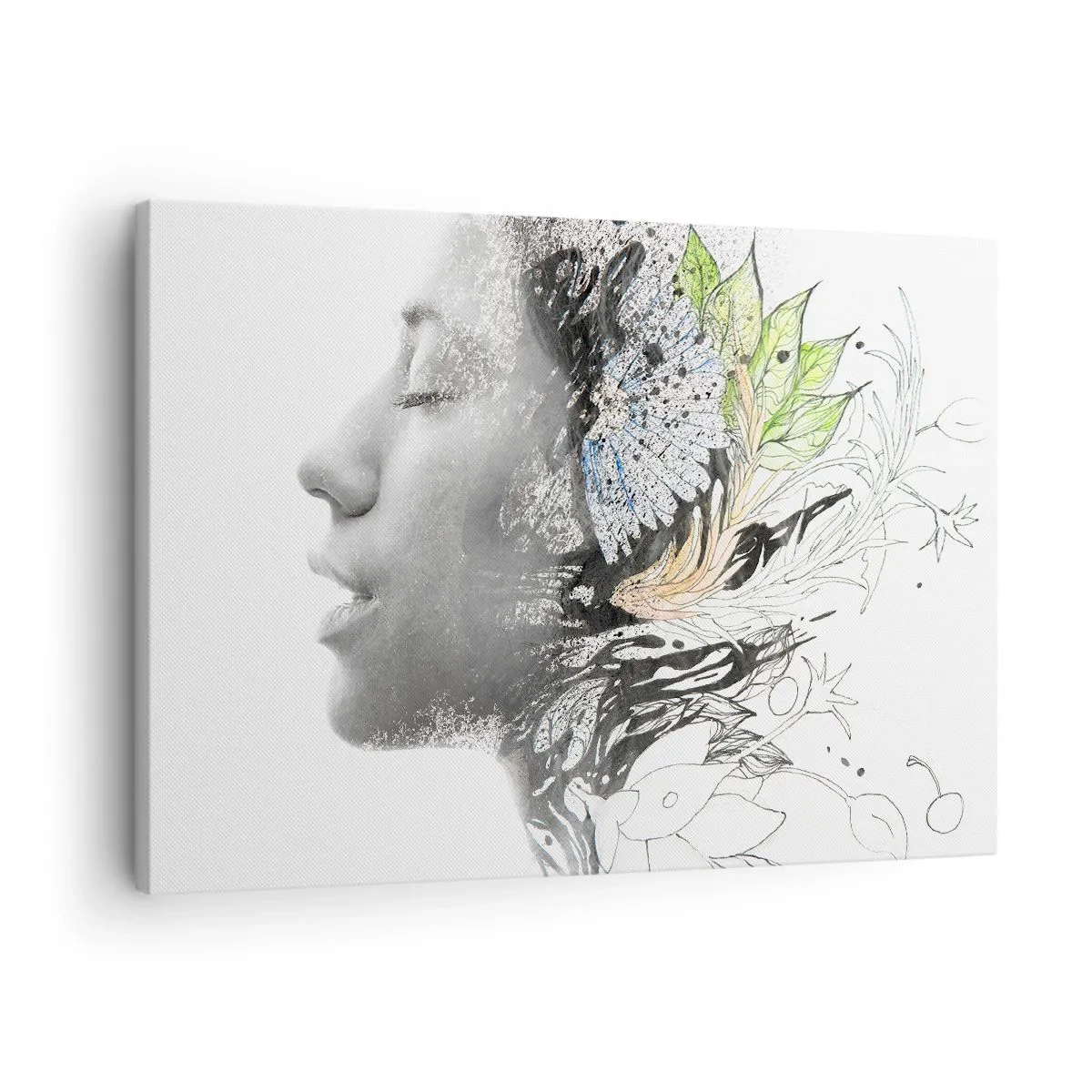 Impression sur toile - Image sur toile - Profil d'une femme dans un collage artistique de nature et de noirceur - 70x50cm - Immergé dans la nature - Décoration murale moderne pour le salon et la chambre ARTTOR