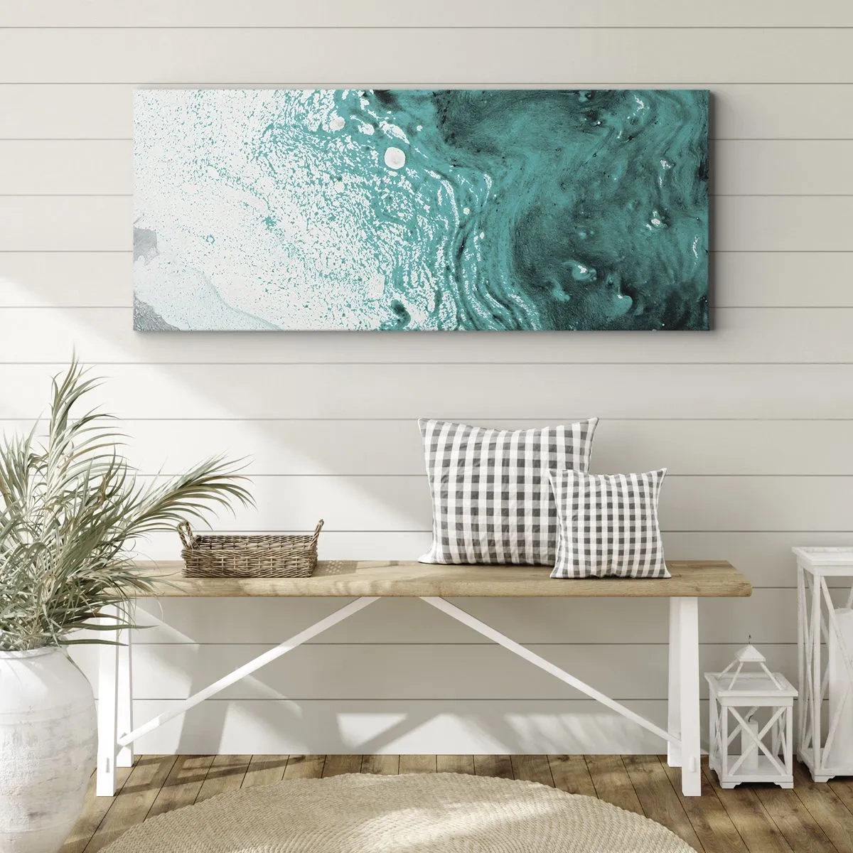Impression sur toile - Image sur toile - Composition abstraite dans des tons turquoise sur fond blanc - 120x50cm - Se fondre dans le bleu et le turquoise - Décoration murale moderne pour le salon et la chambre ARTTOR