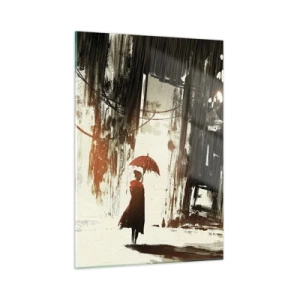 Impression sur verre - Image sur verre - Une personne avec un parapluie rouge sous la pluie sur fond de ville sombre. - 50x70cm - La poésie du parapluie rouge - Décoration murale moderne pour le salon et la chambre ARTTOR