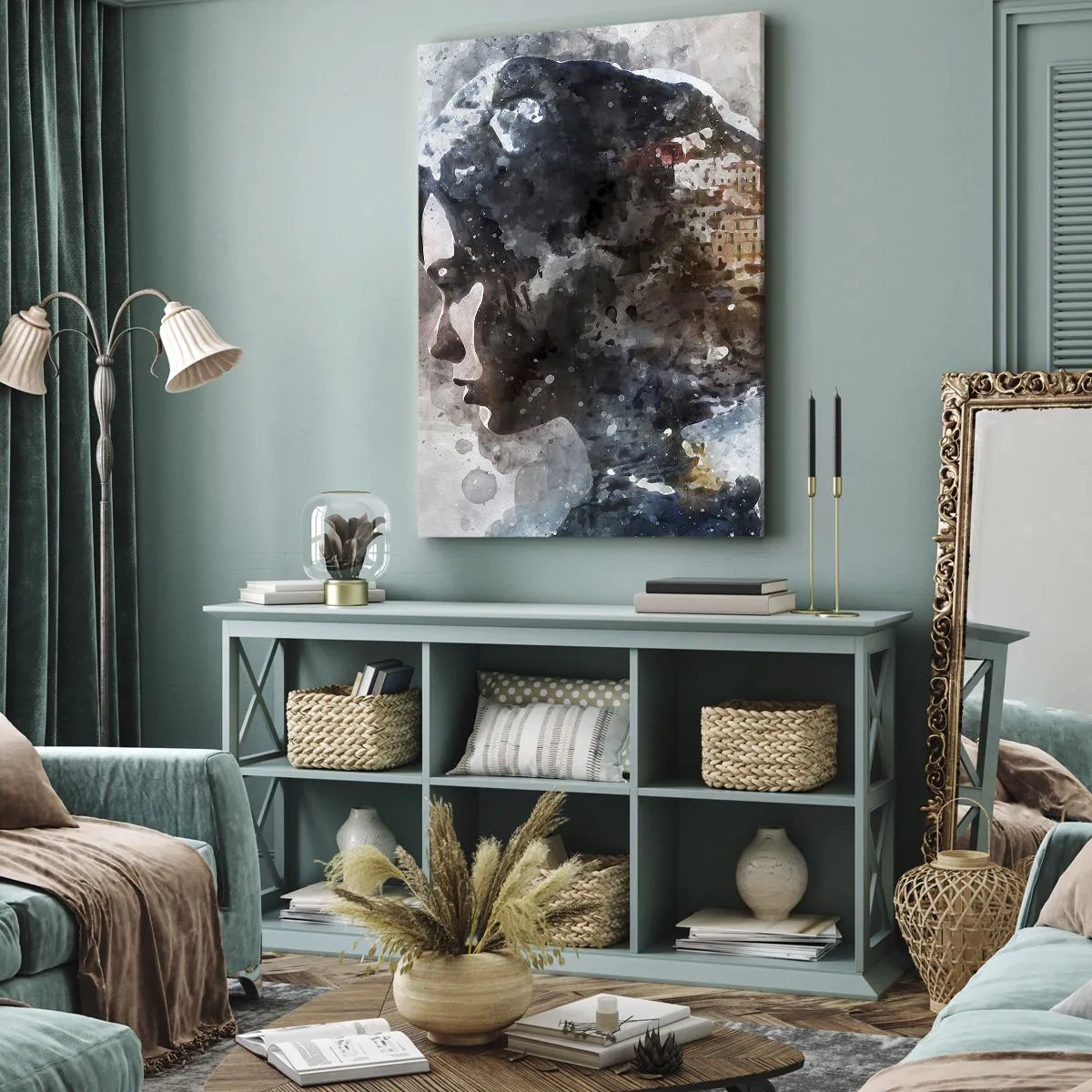 Impression sur toile - Image sur toile - Portrait d'une femme combinant son visage avec un paysage urbain en arrière-plan - 50x70cm - L'histoire d'une fille avec une ville en arrière-plan - Décoration murale moderne pour le salon et la chambre ARTTOR