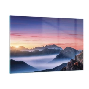 Impression sur verre - Image sur verre - Un lever de soleil pittoresque sur le paysage montagneux - 120x80cm - Au-dessus des vallées - Décoration murale moderne pour le salon et la chambre ARTTOR