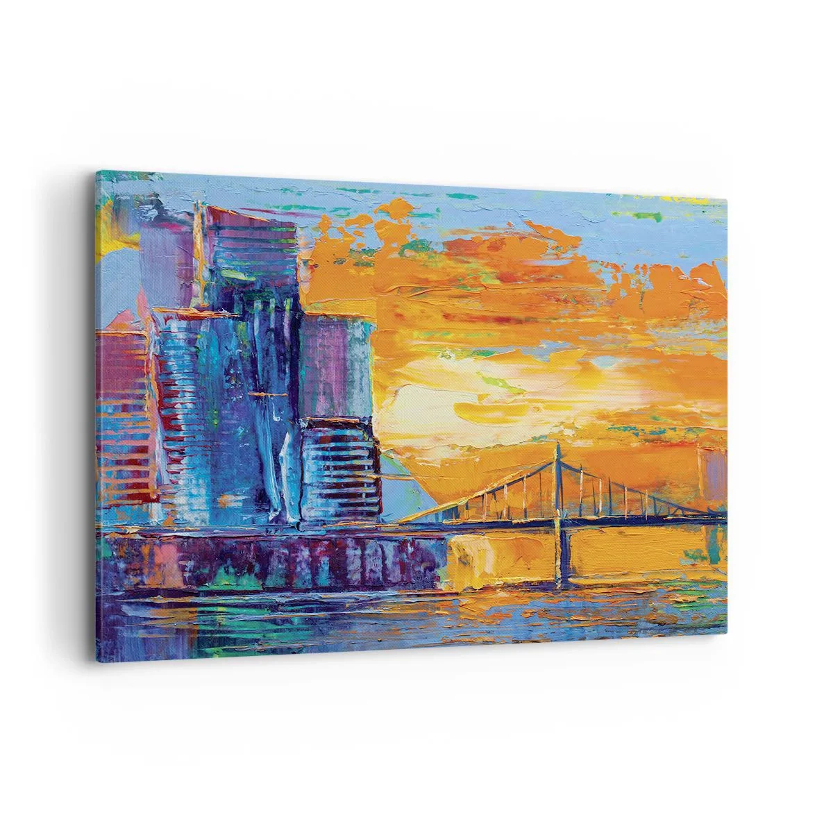 Impression sur toile - Image sur toile - Une ville colorée avec un pont au soleil couchant - 100x70cm - Culture et nature - Décoration murale moderne pour le salon et la chambre ARTTOR