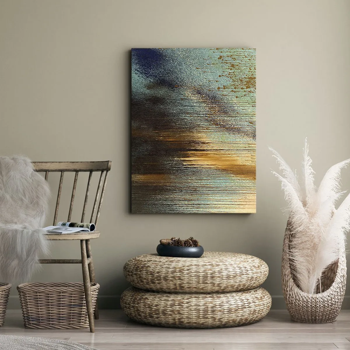 Impression sur toile - Image sur toile - Une composition abstraite de couleurs dans des tons d'or, de marron et de bleu. - 50x70cm - Une composition de couleirs non fortuite - Décoration murale moderne pour le salon et la chambre ARTTOR