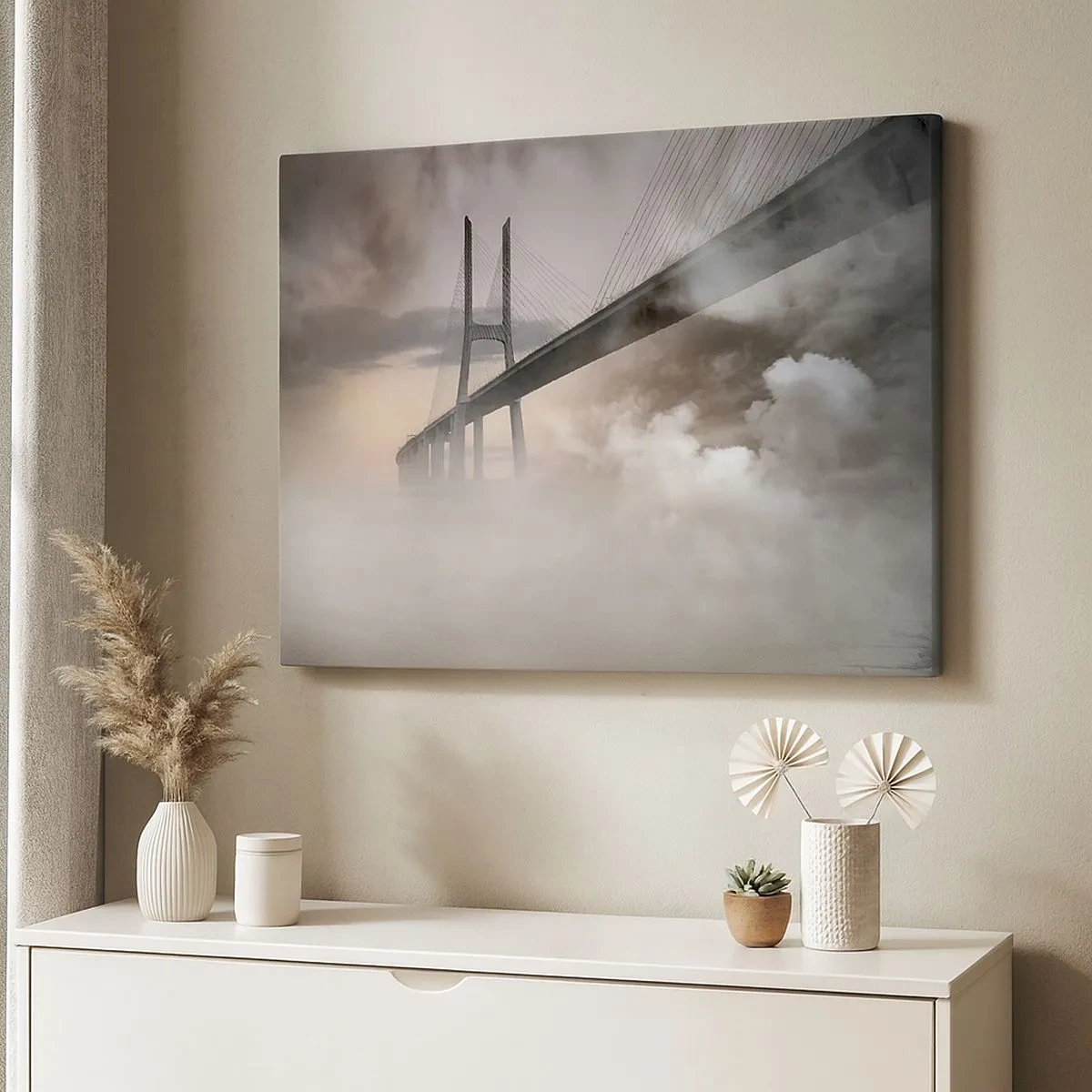 Impression sur toile - Image sur toile - Un pont sur une rivière entouré de brouillard le matin - 70x50cm - Sur la rivière qui n'existe pas - Décoration murale moderne pour le salon et la chambre ARTTOR