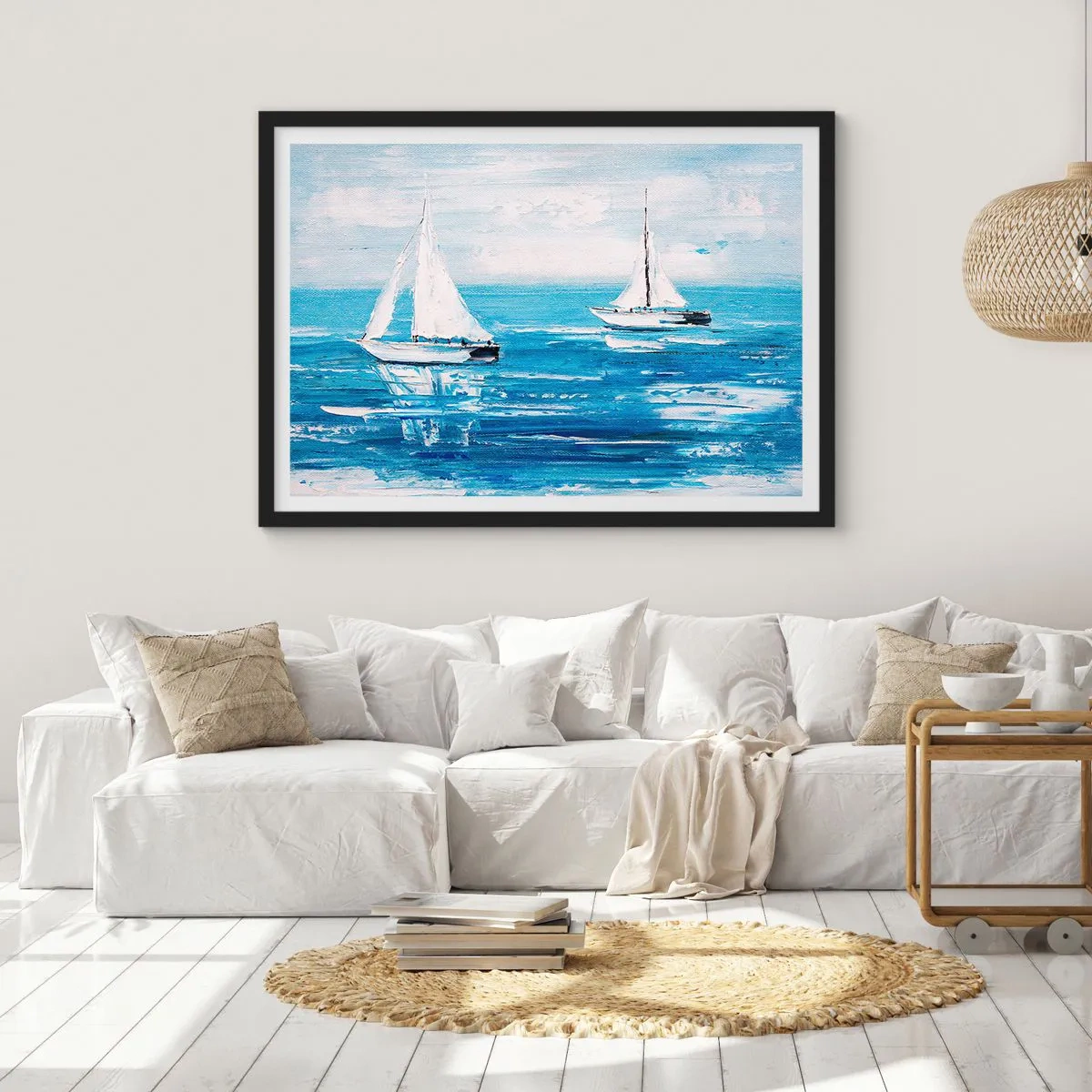 Affiche dans un cadre noir - Poster - Yachts sur la mer bleue dans un style artistique - 70x50cm - Avec un ami à mes côtés - Décoration murale moderne pour le salon et la chambre ARTTOR