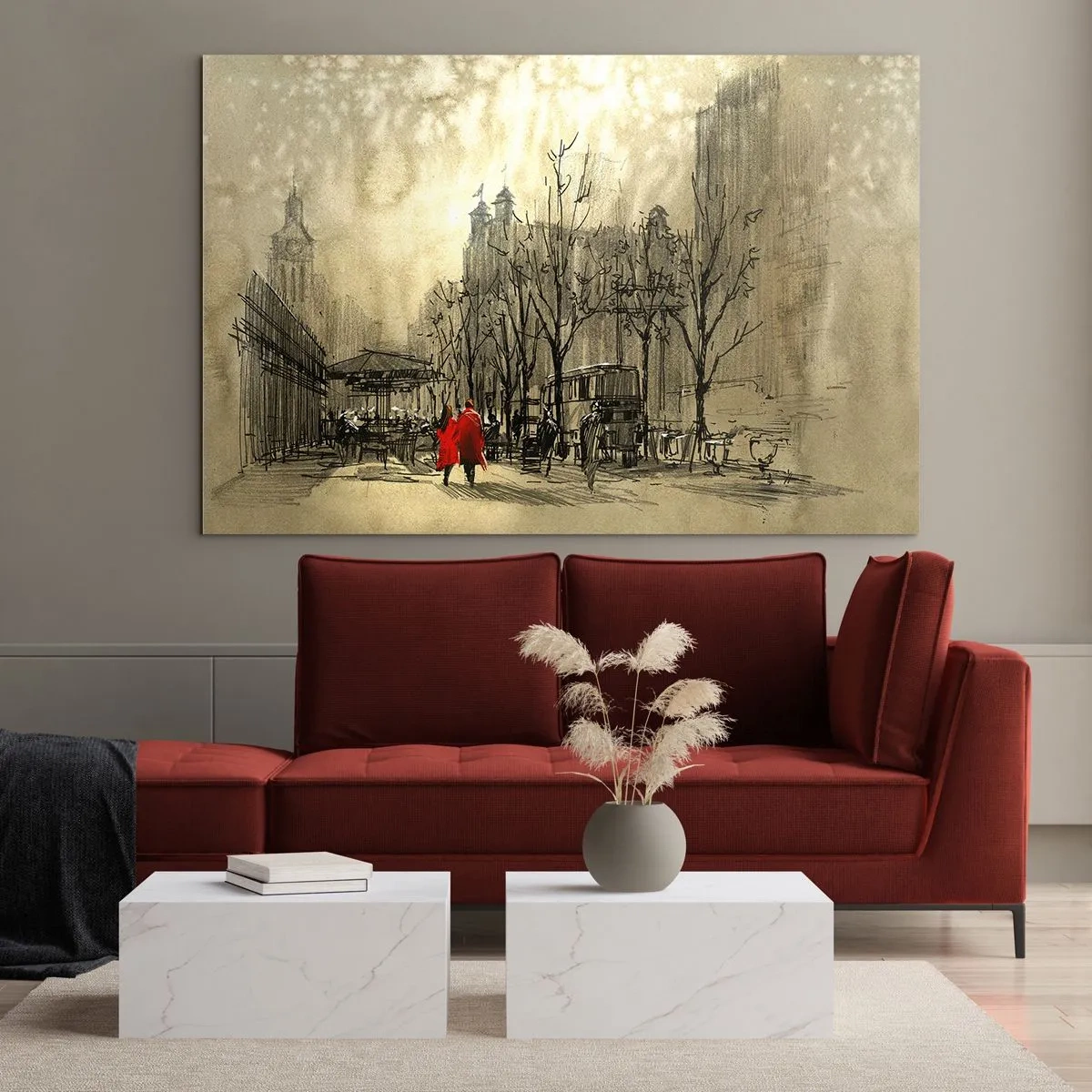Impression sur verre - Image sur verre - Un rendez-vous dans le brouillard londonien avec un accent de manteau rouge - 70x50cm - Rendez-vous dans le brouillard de Londres - Décoration murale moderne pour le salon et la chambre ARTTOR
