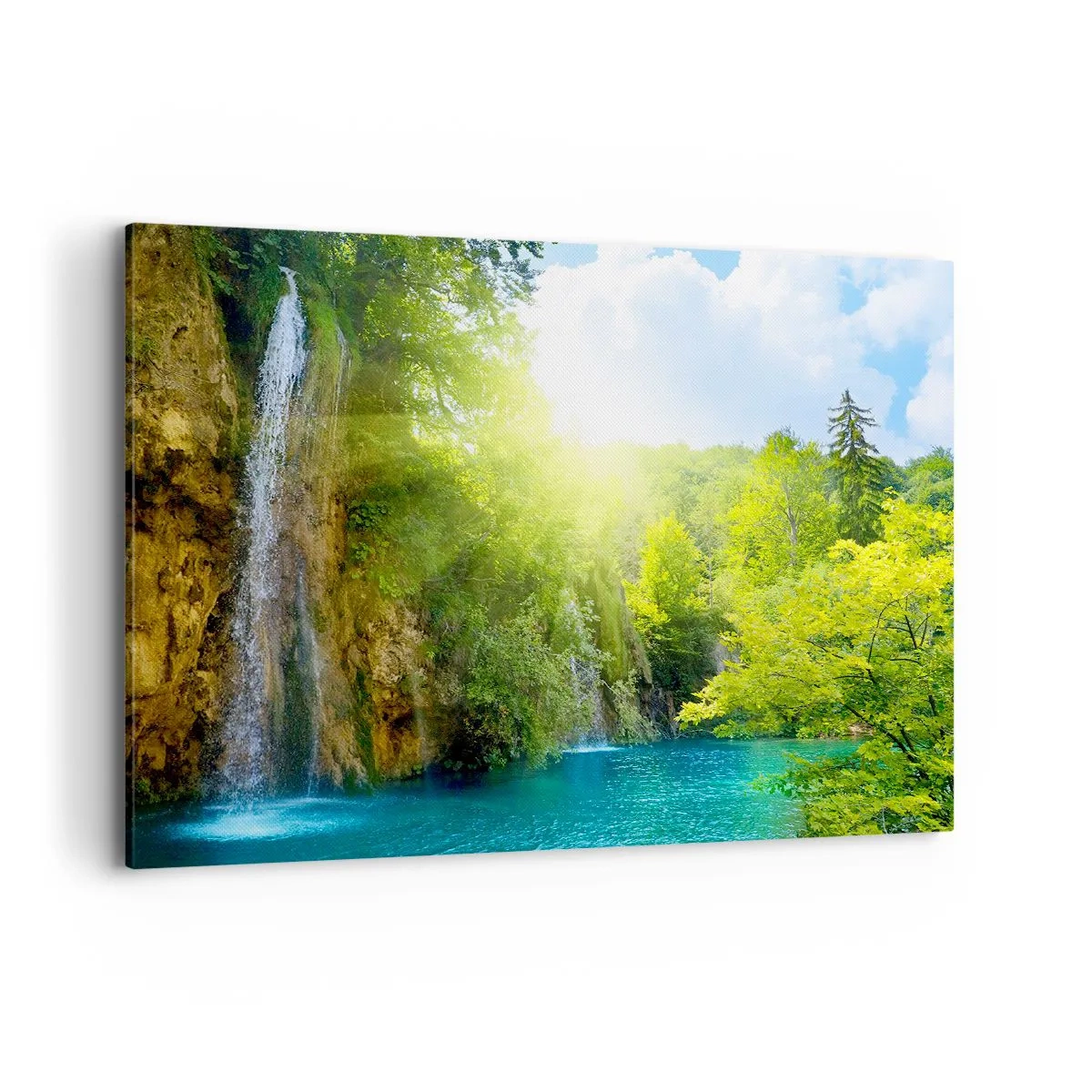 Impression sur toile - Image sur toile - Une cascade se jetant dans un lac turquoise entouré de verdure - 100x70cm - Ce doit être le paradis ici - Décoration murale moderne pour le salon et la chambre ARTTOR