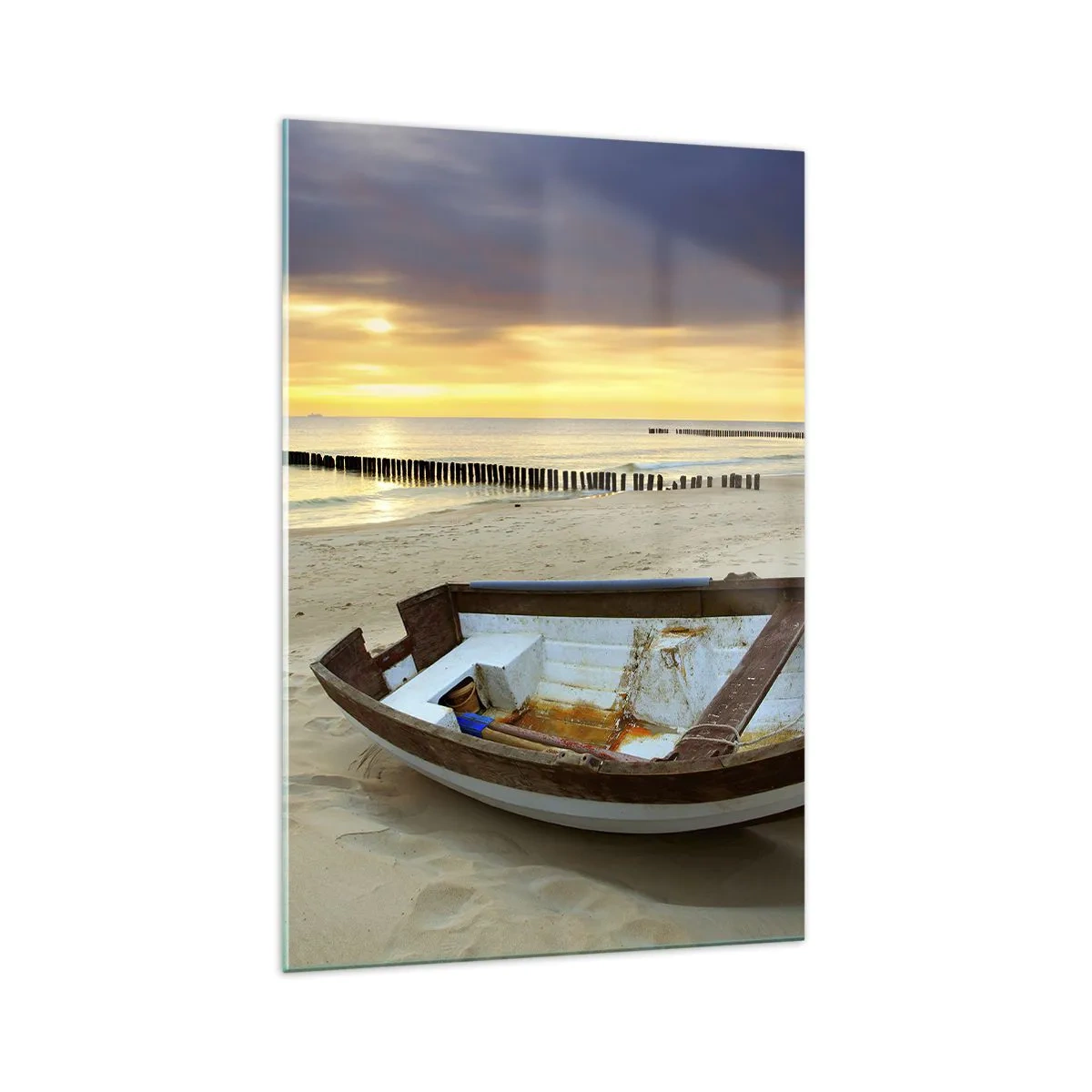 Impression sur verre - Image sur verre - Un bateau sur une plage de sable au coucher du soleil - 70x100cm - Il n'y a pas de plus belles plages - Décoration murale moderne pour le salon et la chambre ARTTOR