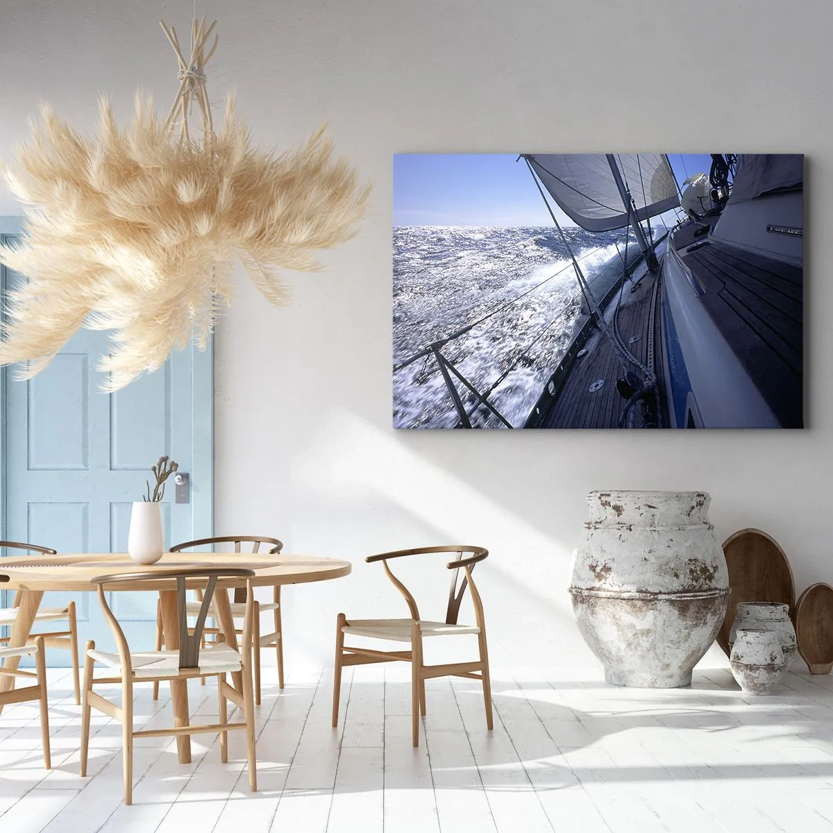 Impression sur toile - Image sur toile - Un voilier dans une mer agitée avec des voiles blanches et un pont en bois. - 120x80cm - Je sais ce que c'est d'être un oiseau - Décoration murale moderne pour le salon et la chambre ARTTOR