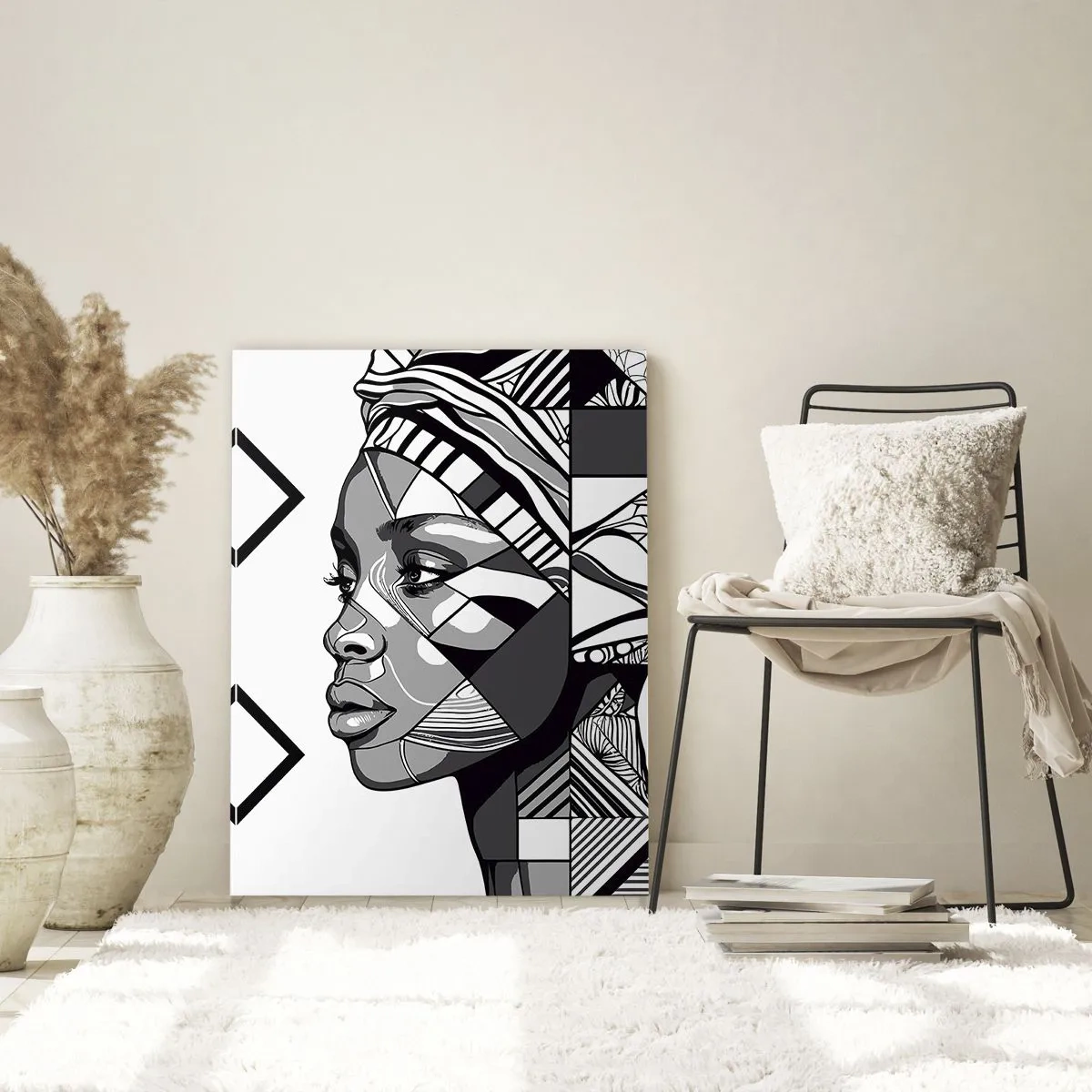 Impression sur verre - Image sur verre - Portrait ethnique noir et blanc d'une femme aux motifs géométriques - 50x70cm - Portrait ethnique - Décoration murale moderne pour le salon et la chambre ARTTOR