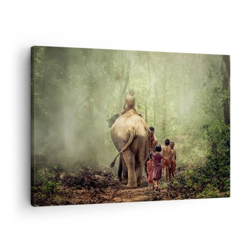 Impression sur toile - Image sur toile - Enfants avec un éléphant dans une forêt verte à la lumière du matin - 70x50cm - Nouveau livre de la jungle - Décoration murale moderne pour le salon et la chambre ARTTOR