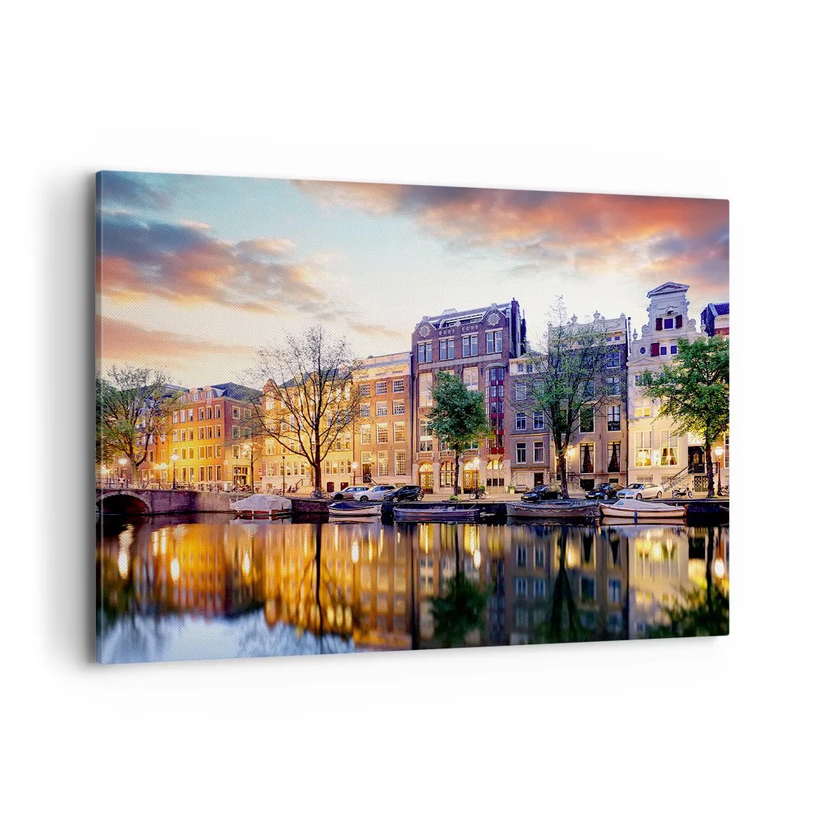 Impression sur toile - Image sur toile - Canal avec reflet des immeubles d'habitation dans la lumière du soir - 100x70cm - Beauté hollandaise sobre et sereine - Décoration murale moderne pour le salon et la chambre ARTTOR