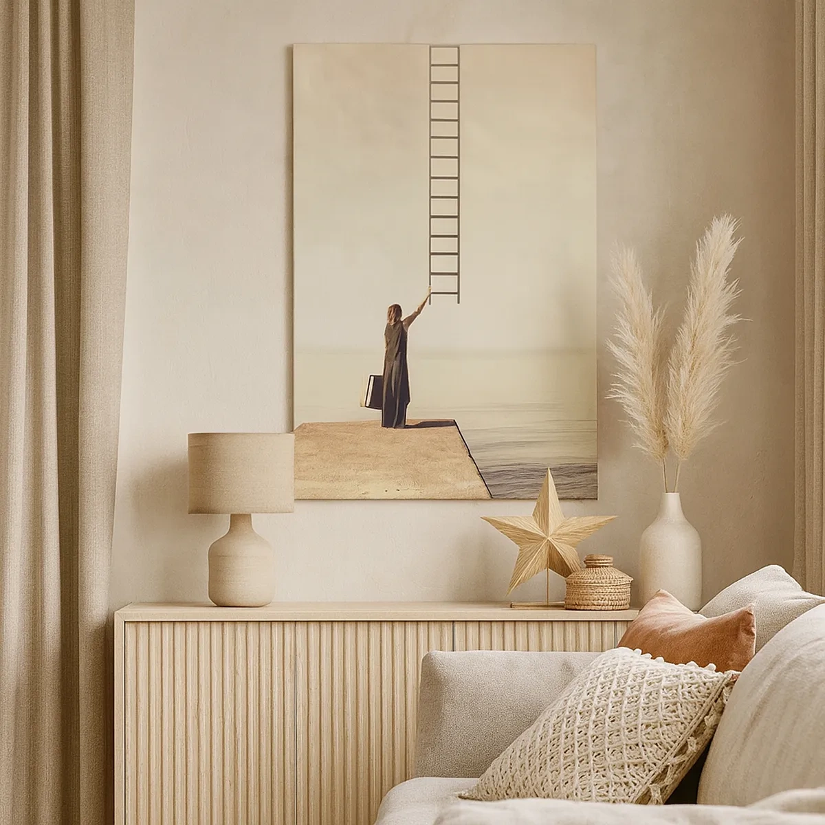 Impression sur toile - Image sur toile - Une femme debout sur une jetée avec une échelle menant au ciel - 50x70cm - Voyage magique - Décoration murale moderne pour le salon et la chambre ARTTOR