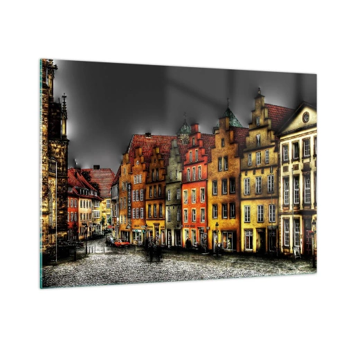 Impression sur verre - Image sur verre - Des immeubles colorés sur fond de ciel nuageux - 100x70cm - La seule chose qui manque est un carrosse enchantée - Décoration murale moderne pour le salon et la chambre ARTTOR