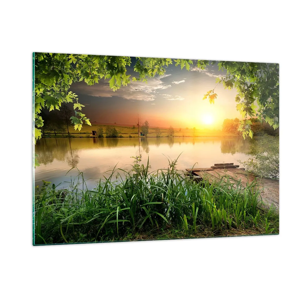 Impression sur verre - Image sur verre - Paysage avec un lac entouré de verdure au coucher du soleil - 120x80cm - Paysage dans un cadre verdoyant - Décoration murale moderne pour le salon et la chambre ARTTOR