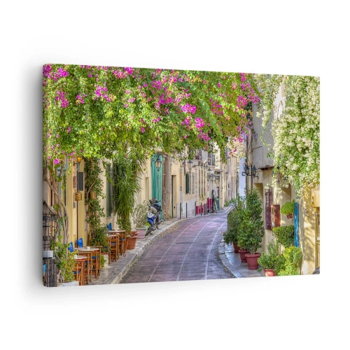 Impression sur toile - Image sur toile - Une charmante rue avec des vignes fleuries et des tables de café - 70x50cm - Allée fleurie - Décoration murale moderne pour le salon et la chambre ARTTOR