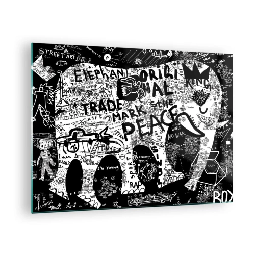 Impression sur verre - Image sur verre - Image de graffiti en noir et blanc avec des thèmes de paix et de liberté - 70x50cm - La richesse des rues - Décoration murale moderne pour le salon et la chambre ARTTOR