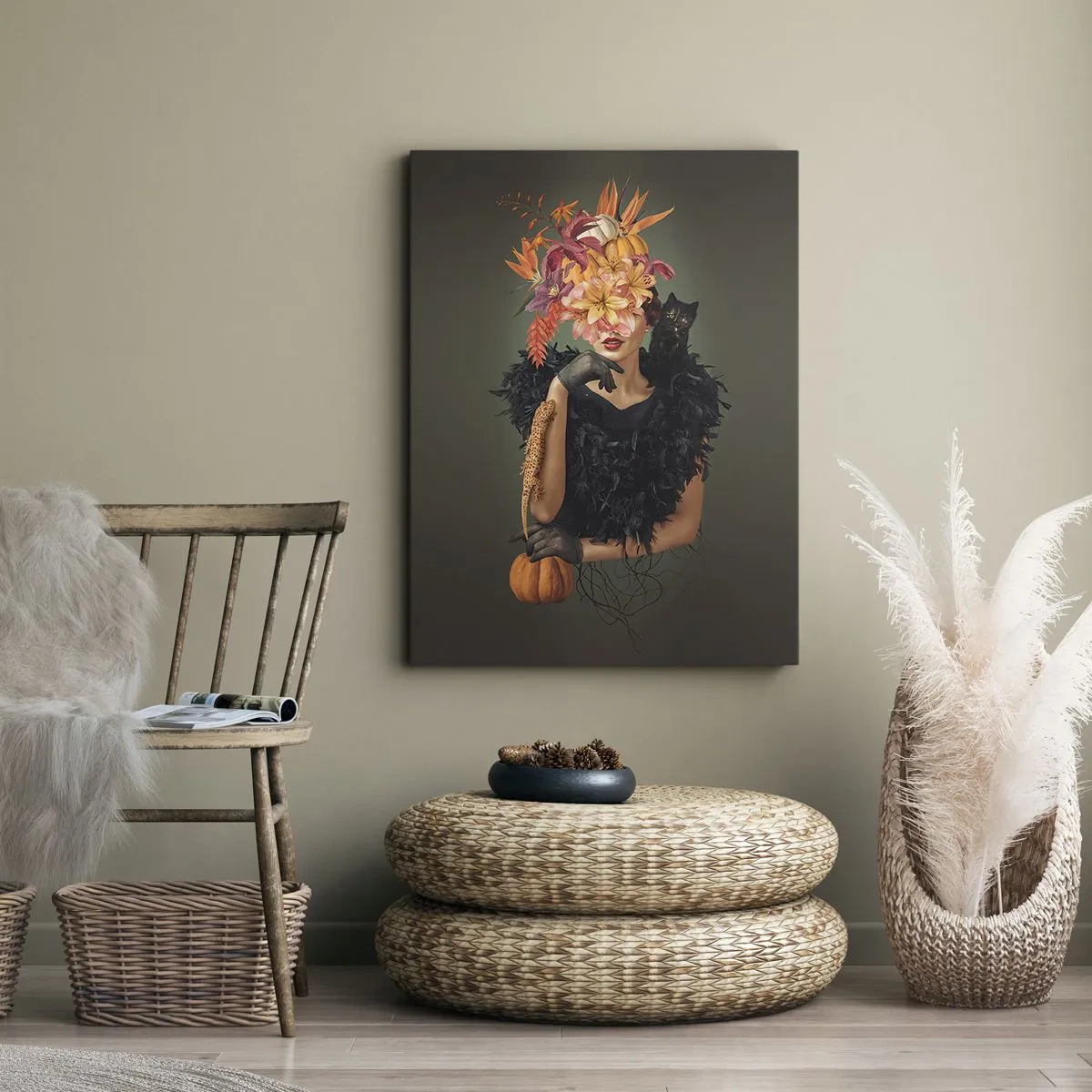 Impression sur toile - Image sur toile - Portrait d'une femme aux motifs d'automne et un chat - 70x100cm - Sort de sorcière - Décoration murale moderne pour le salon et la chambre ARTTOR