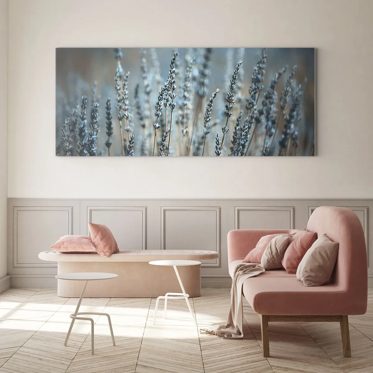 Impression sur verre - Image sur verre - Lavande dans les champs dans des tons pastel subtils - 120x50cm - Tige odorante - Décoration murale moderne pour le salon et la chambre ARTTOR