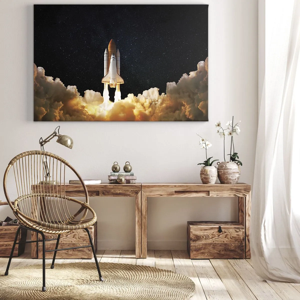 Impression sur toile - Image sur toile - Une fusée spatiale décollant dans le ciel étoilé - 120x80cm - Ad astra! - Décoration murale moderne pour le salon et la chambre ARTTOR