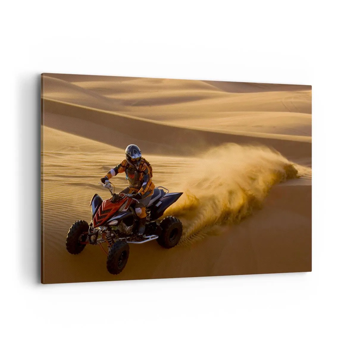 Impression sur toile - Image sur toile - Un motocycliste sur un quad traversant à toute vitesse les dunes de sable du désert - 120x80cm - Sur les vagues de sable - Décoration murale moderne pour le salon et la chambre ARTTOR