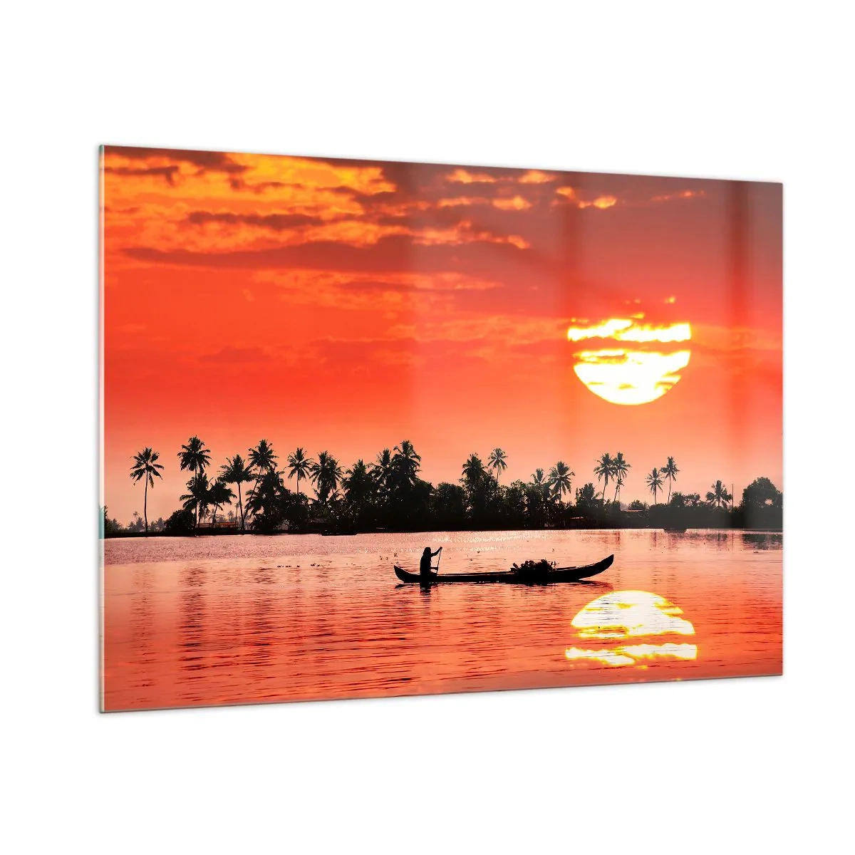 Impression sur verre - Image sur verre - Coucher de soleil sur la rivière avec des palmiers et un bateau - 100x70cm - La tranquillité des tropiques au coucher du soleil - Décoration murale moderne pour le salon et la chambre ARTTOR